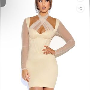 Jocelynn Ivory Satin Mesh Long Sleeve Corset Dress